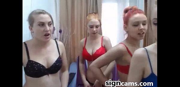  Four cute teens kissing on webcam